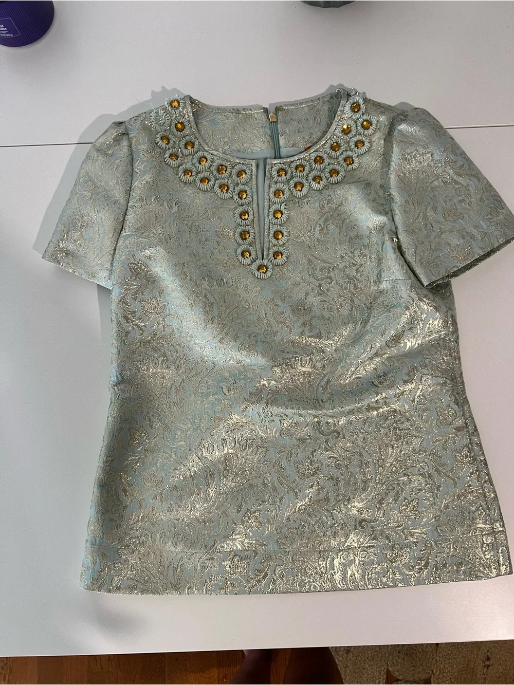 Vintage Tory Burch Lola Seafoam Green Metallic Jacquard Embellished Silk Top 6